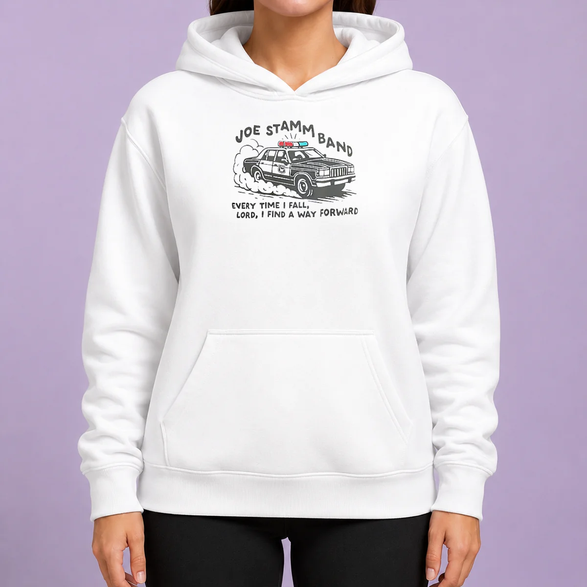 Nice Joe Stamm Band Every Time I Fall Lord I Find A Way Forward Police Car Hoodie in black, front view with drawstring hood