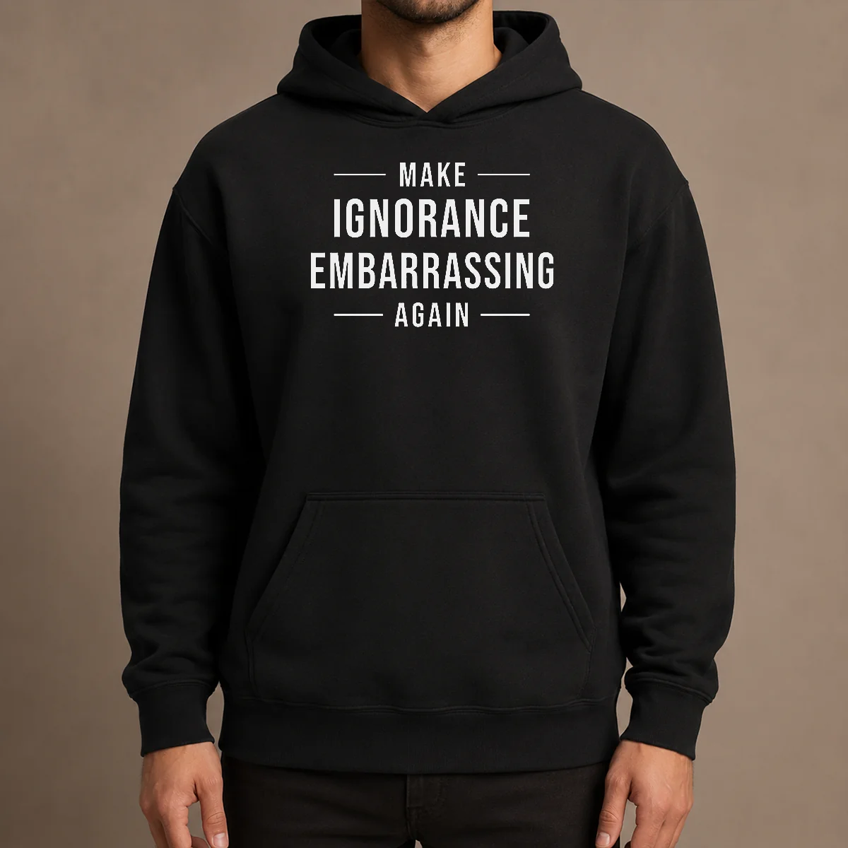 Nice Make Ignorance Embarrassing Again Hoodie in charcoal gray with front graphic print, cozy pullover style