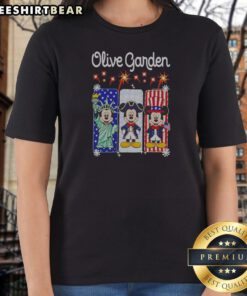 Nice Olive Garden Mickey Mouse As Statue Of Liberty And Uncle Sam USA Ladies Shirt featuring patriotic graphic on olive green fabric