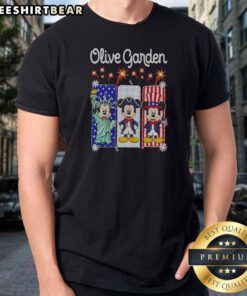 Nice Olive Garden Mickey Mouse As Statue Of Liberty And Uncle Sam USA Shirt on a classic crewneck t-shirt in olive green