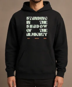 Nice Terrian Standing In The Shadow Of The Almighty Hoodie in dark gray, front view with drawstring hood and kangaroo pocket