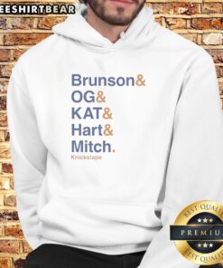 Nice The Lineup Knickstape Brunson And OG And KAT And Hart And Mitch Hoodie displayed in a vibrant setting.