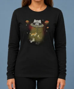 Nice UFO Meow Long Sleeve Shirt featuring a cat and UFO graphic on a comfortable long sleeve garment