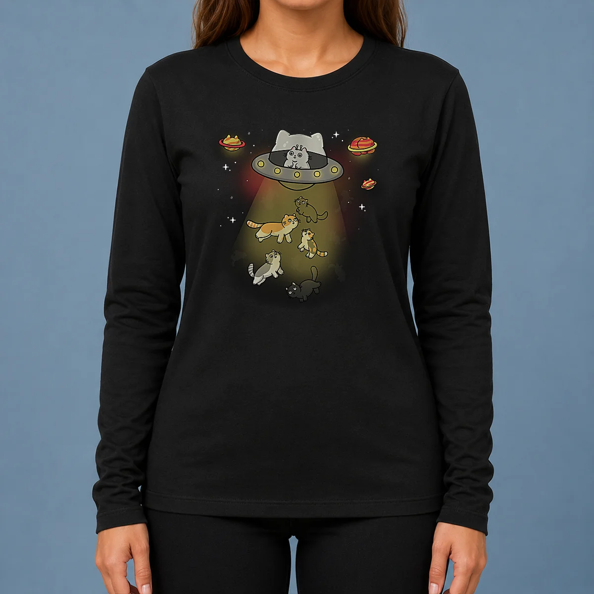 Nice UFO Meow Long Sleeve Shirt featuring a cat and UFO graphic on a comfortable long sleeve garment