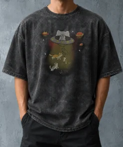 Nice UFO Meow Washed T Shirt featuring soft cotton fabric with a faded vintage look in light gray