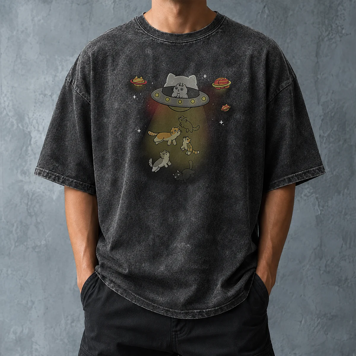 Nice UFO Meow Washed T Shirt featuring soft cotton fabric with a faded vintage look in light gray