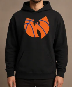 Nice Wu Tang Clan X New York Knicks Logo Hoodie in black with front graphic print, long sleeves, and front pocket