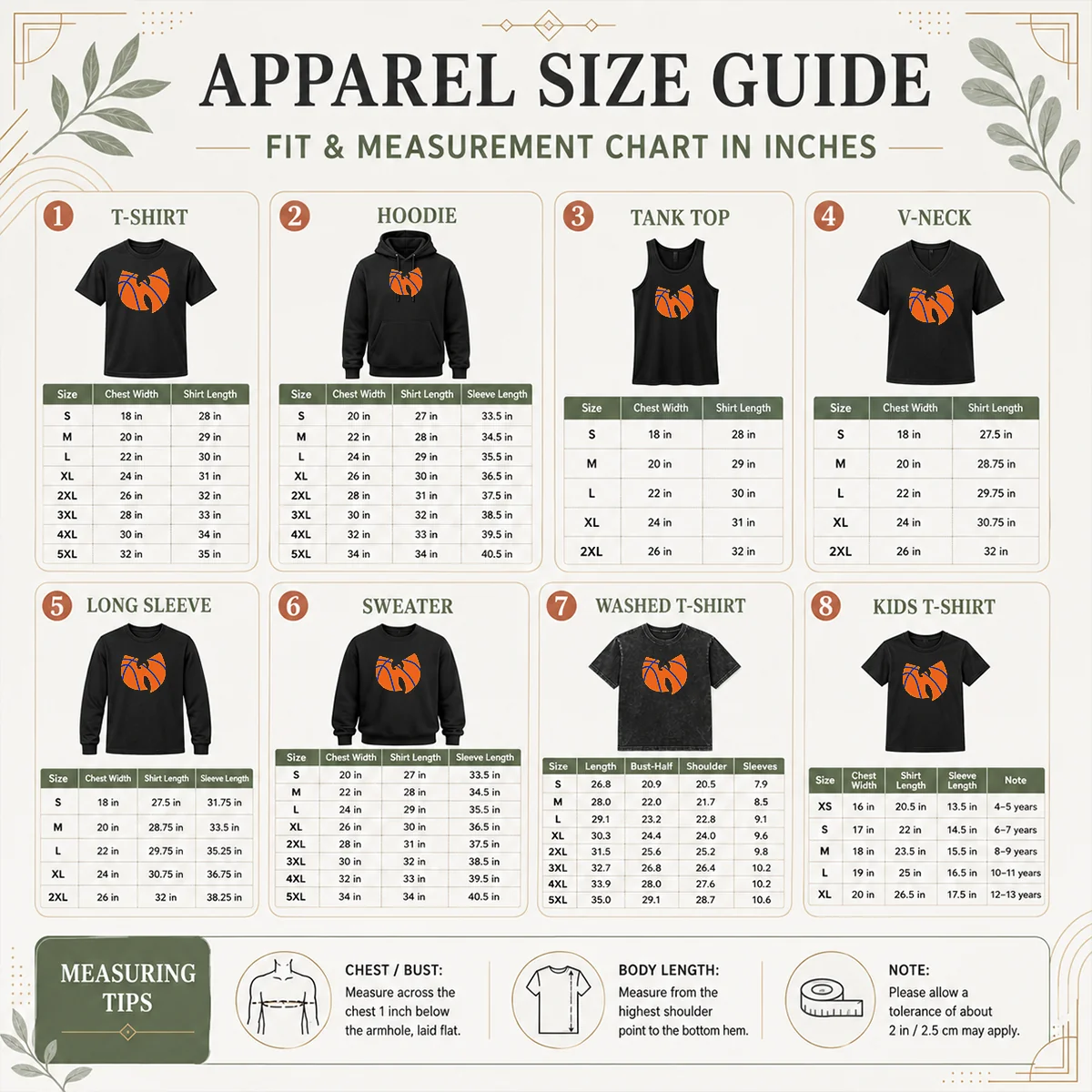 Nice Wu Tang Clan X New York Knicks Logo Size Chart Size chart for Nice Wu Tang Clan X New York Knicks Logo showing measurements in inches and cm