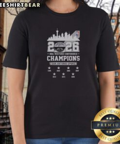 Official 2026 NBA Western Conference Champions San Antonio Spurs City Skyline Ladies Shirt featuring a vibrant city skyline design.