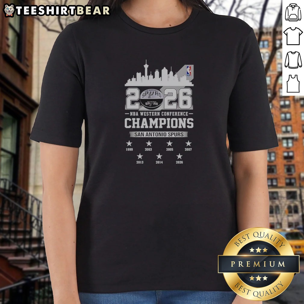 Official 2026 NBA Western Conference Champions San Antonio Spurs City Skyline Shirt on Ladies Shirt Official 2026 NBA Western Conference Champions San Antonio Spurs City Skyline Shirt shown as a ladies shirt preview