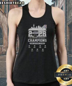 Official 2026 NBA Western Conference Champions San Antonio Spurs City Skyline Tank top featuring vibrant graphics.