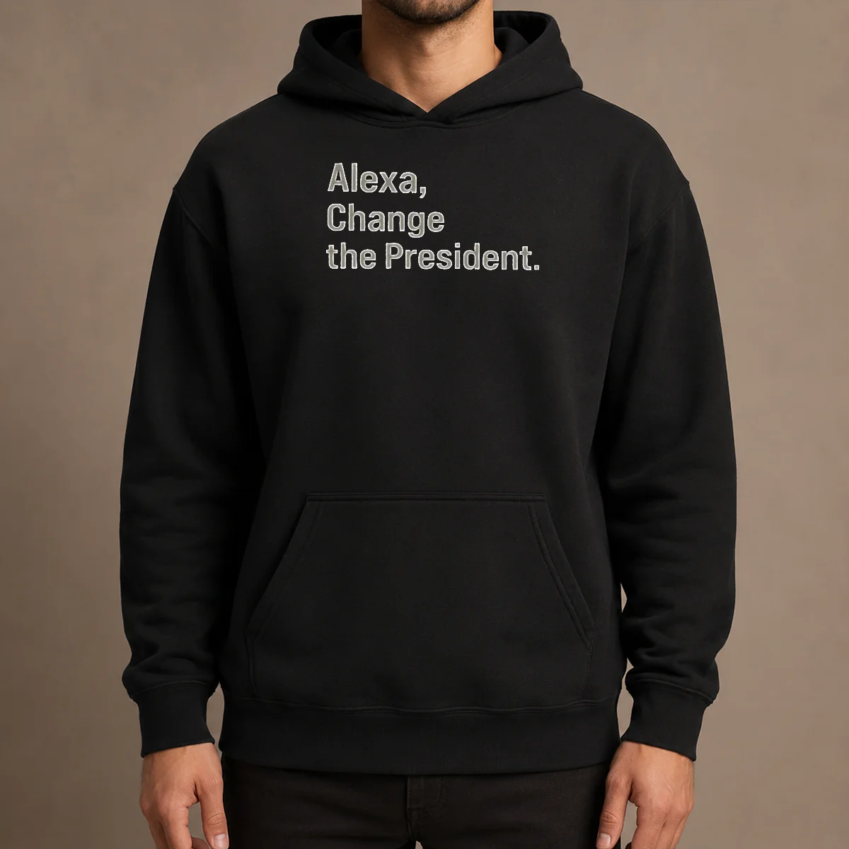 Official Alexa Change The President Hoodie in black with front graphic and adjustable hood