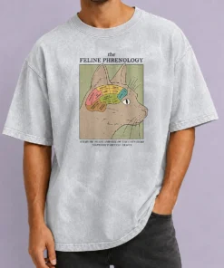 Official Feline Phrenology Washed T Shirt in soft, vintage-style fabric with printed cat phrenology design