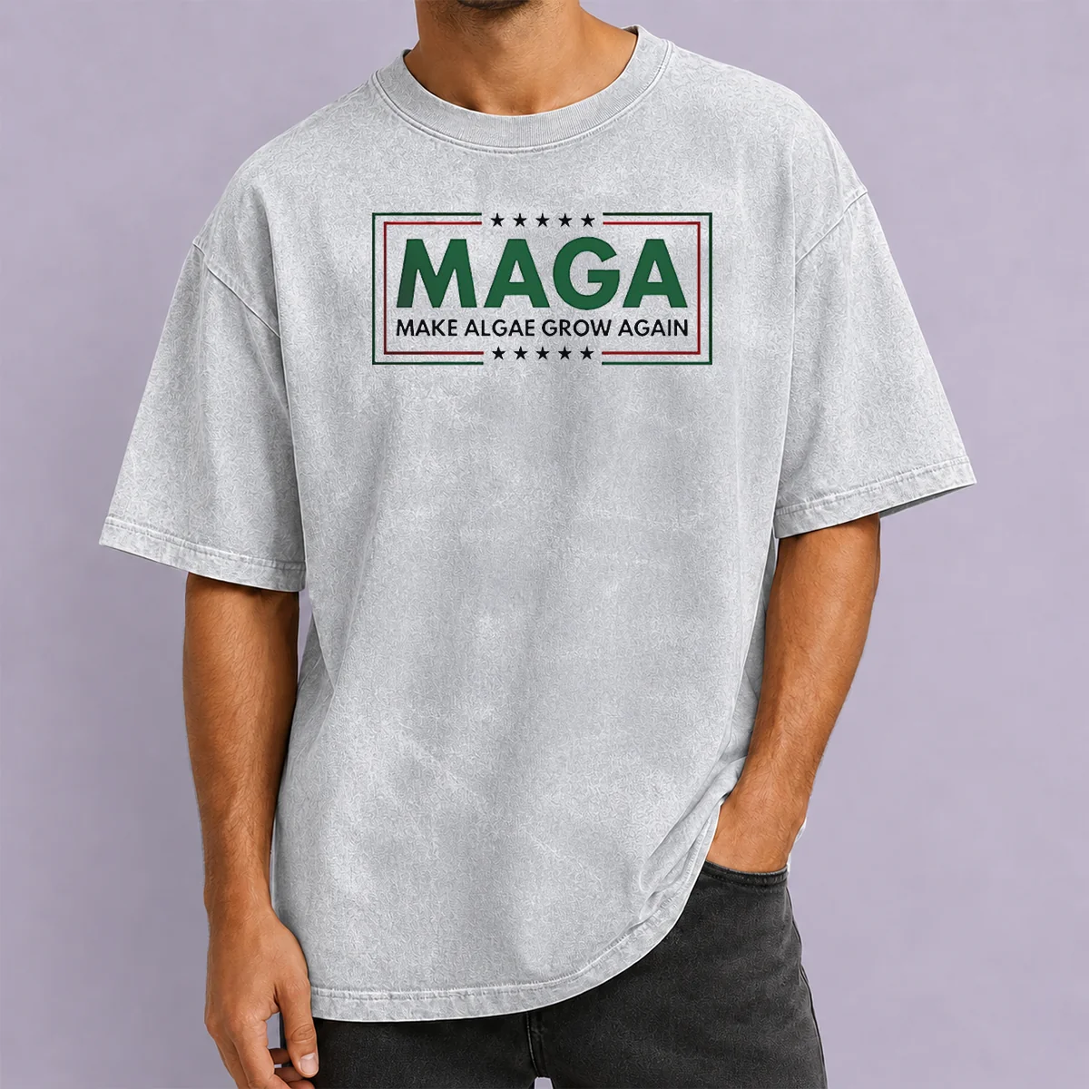 Official MAGA Make Algae Grow Again Washed T Shirt featuring a soft, vintage-style washed fabric and bold printed slogan