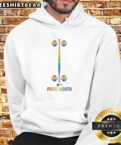 Official MLB Pride Month Baseball Rainbow Bat And Balls Logo Premium Pride Month Hoodie displayed in vibrant colors.