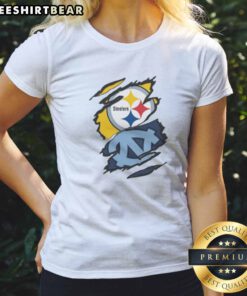 Official Pittsburgh Steelers And UNC Tar Heels Ripped Metal Effect Logo Ladies Shirt featuring a unique design.