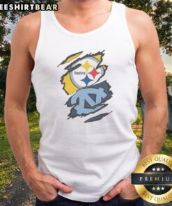 Official Pittsburgh Steelers And UNC Tar Heels Ripped Metal Effect Logo Tank top displayed on a neutral background