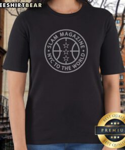 Official Slam Magazine NYC To The World Basketball Ladies Shirt featuring a vibrant design for basketball fans.