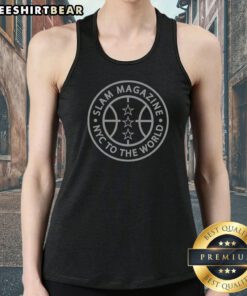 Official Slam Magazine NYC To The World Basketball Tank top featuring a bold graphic design.