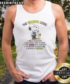 Official Snoopy Woodstock The Grandpa Code Fun Is Mandatory Mom Does Not Need To Know Tank top featuring playful graphics.