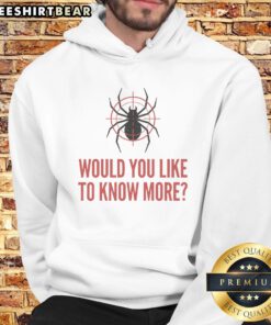 Official Would You Like To Know More Spider Hoodie in a cozy setting, showcasing its unique design and fit.