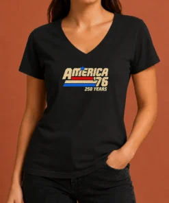 Original America 76 250 Years United States Of America Independence Day V Neck Shirt in navy blue with patriotic graphic
