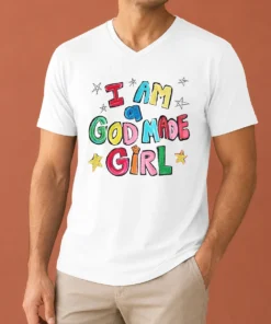 Original I Am A God Made Girl V Neck Shirt featuring a comfortable women's V-neck cut in black