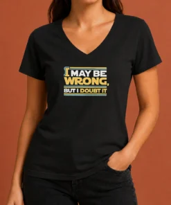 Original I May Be Wrong But I Doubt It V Neck Shirt in white, front view showing bold text design