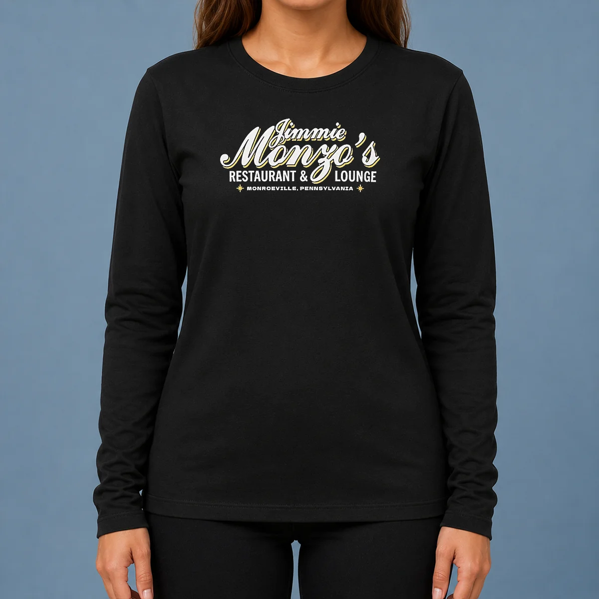 Original Jimmie Monzo'S Restaurant And Lounge Monroeville Pennsylvania long sleeve shirt in white, featuring vintage logo print