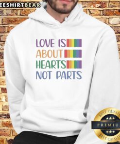 Original Love Is About Hearts Not Parts Pride Month Hoodie featuring vibrant colors and inclusive message.