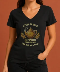 Original Steep It Real Sipping Through Life One Cup At A Time Teapot V-Neck Shirt