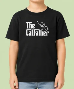 Original The Catfather Parody Kids T Shirt featuring playful cat graphic on a comfortable cotton tee