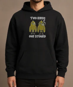 Original Two Birds One Stoned Smoking Hoodie in charcoal gray with front pocket and adjustable hood