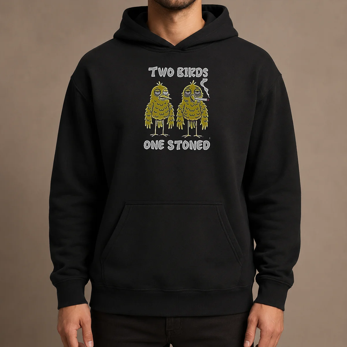 Original Two Birds One Stoned Smoking Hoodie in charcoal gray with front pocket and adjustable hood