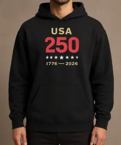 Original USA 250 1776 2026 Patriotic American Independence Anniversary Hoodie in navy blue with front pocket and drawstring hood