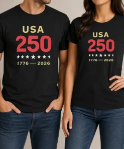 Original USA 250 1776 2026 Patriotic American Independence Anniversary t shirt featuring bold American flag design on a classic crew neck cotton tee