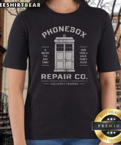 Phonebox Repair Co Gallifrey Trained Ladies Shirt featuring a classic crew neck and short sleeves in black