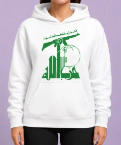 Premium Flag Of Hezbollah Hoodie in black with front graphic print and adjustable drawstring hood
