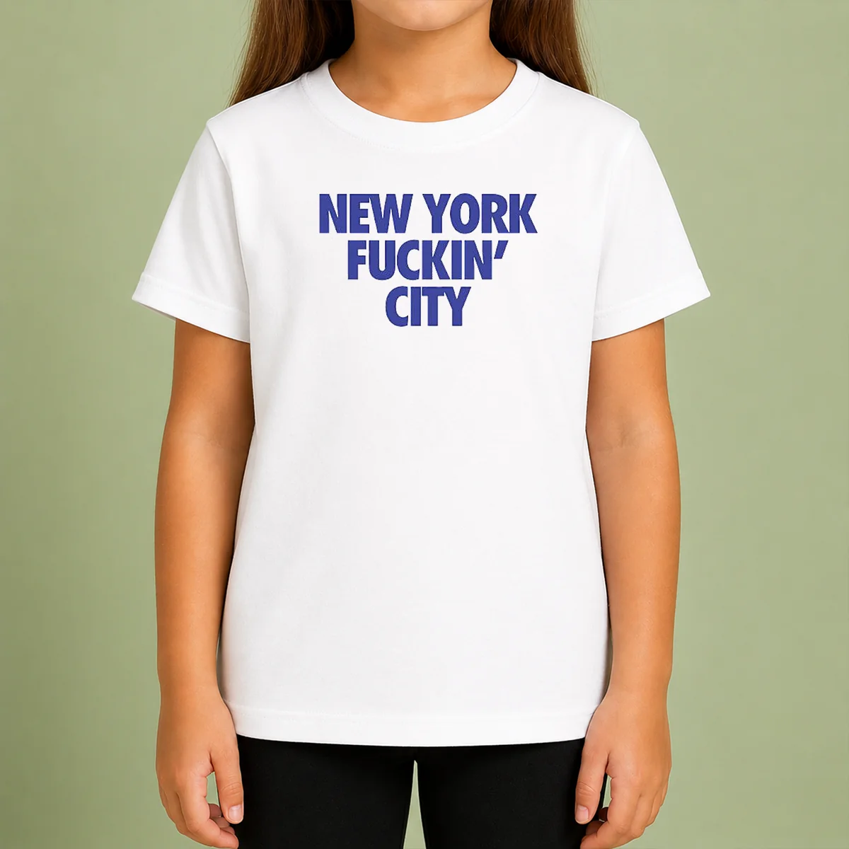 Premium New York Fuckin City Text Typography Kids T Shirt in white, featuring bold black text design