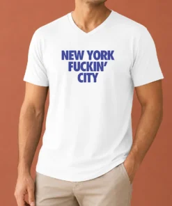 Premium New York Fuckin City Text Typography V Neck Shirt in black showing front design and short sleeves