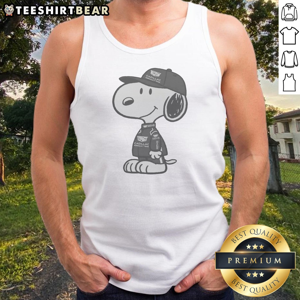 Premium Snoopy Gadillac Formula 1 Team Tank Top in white with graphic print featuring Snoopy and racing elements