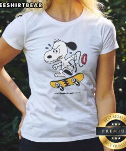 Premium Spike Peanuts Comic Strip Dog Skateboard Ladies Shirt featuring a fun dog skateboarding graphic
