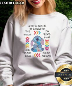 Premium Stitch Lilo Diabetes Awareness A Day In The Life Of A Diabetic Take Insulin Low Blood Sugar Sweatshirt mockup image showcasing its design.