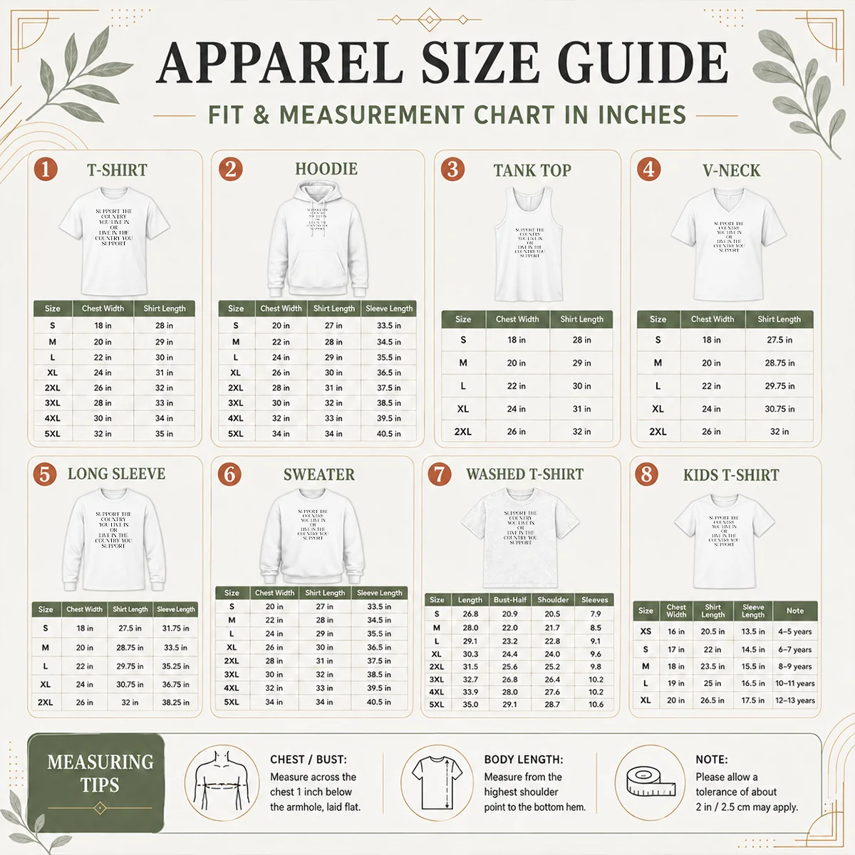 Premium Support The Country You Live In Or Live In The Country You Support Text Size Chart Size chart for Premium Support The Country You Live In Or Live In The Country You Support Text showing measurements in inches and cm