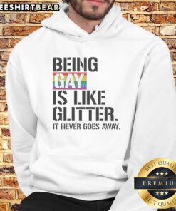 Pretty Being Gay Is Like Glitter It Never Goes Away Hoodie displayed on a model, showcasing vibrant colors and design.