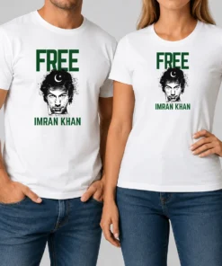 Pretty Free Imran Khan Cricket t shirt showing front design on a classic crew neck short sleeve cotton tee
