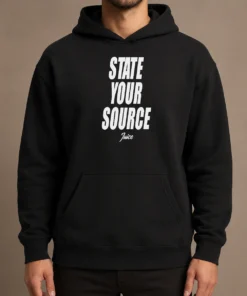 Pretty Jaylen Brown State Your Source Hoodie in black, featuring a front kangaroo pocket and adjustable drawstring hood