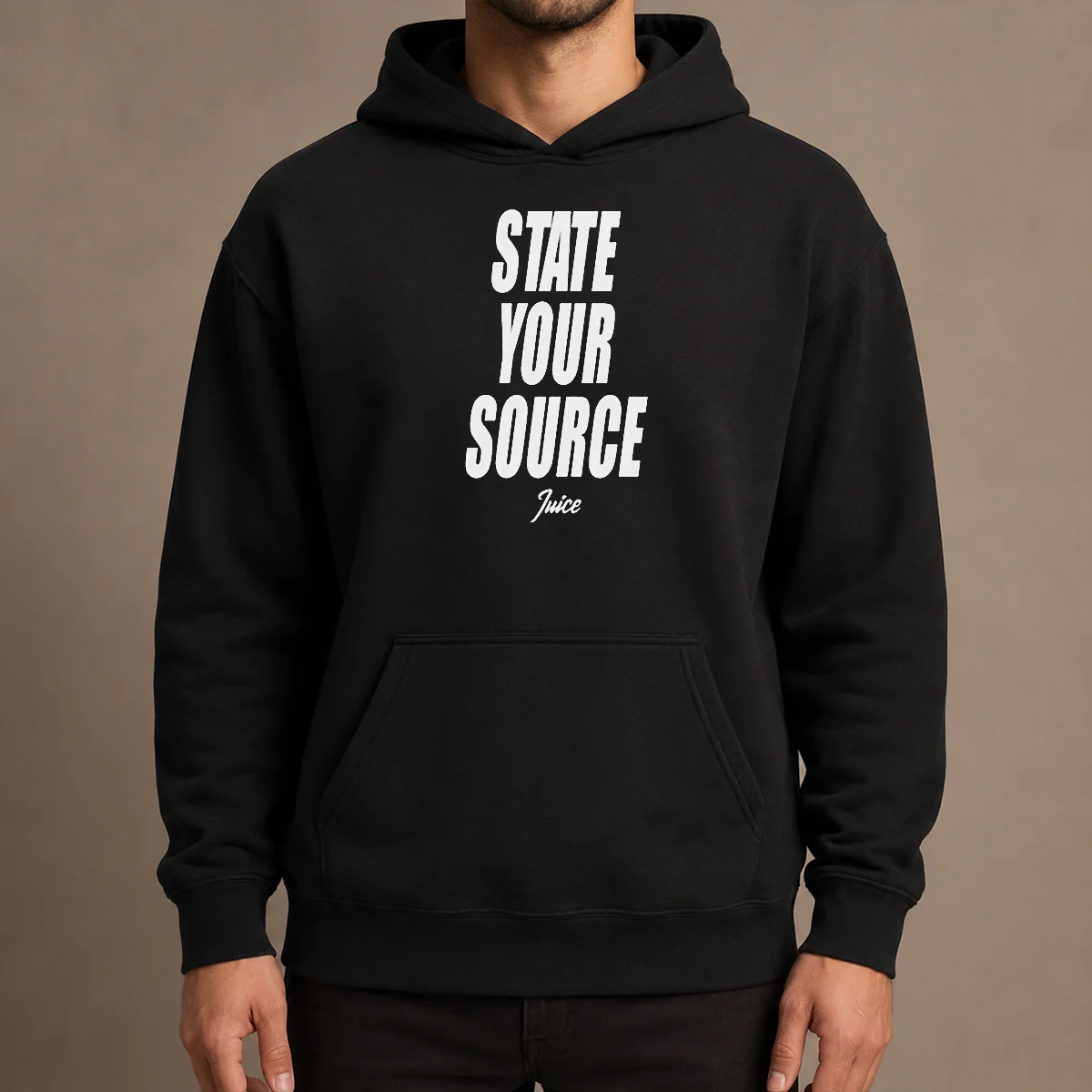 Pretty Jaylen Brown State Your Source Hoodie in black, featuring a front kangaroo pocket and adjustable drawstring hood