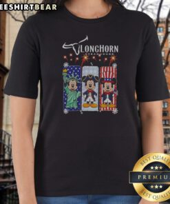 Pretty Longhorn Steakhouse Mickey Mouse Patriotic USA Characters Ladies Shirt featuring a classic Mickey Mouse design with patriotic American-themed graphics