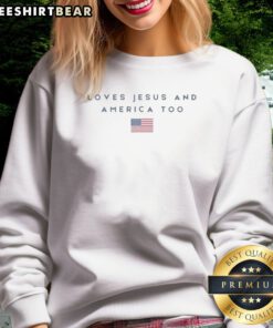 Pretty Loves Jesus And America Too American Flag Design Graphic Cotton Sweatshirt showcasing patriotic spirit and comfort.